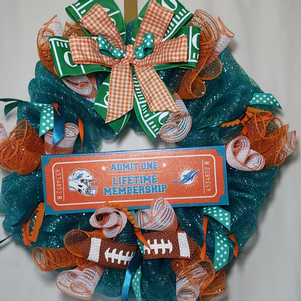 Miami Dolphins NFL Football Themed Wreath with Bow